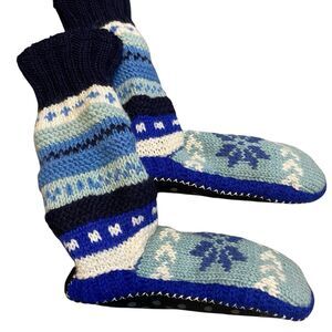 Tibetan Wool Socks M Blue Hand Knit Fleece Lined Long Slipper Made Nepal